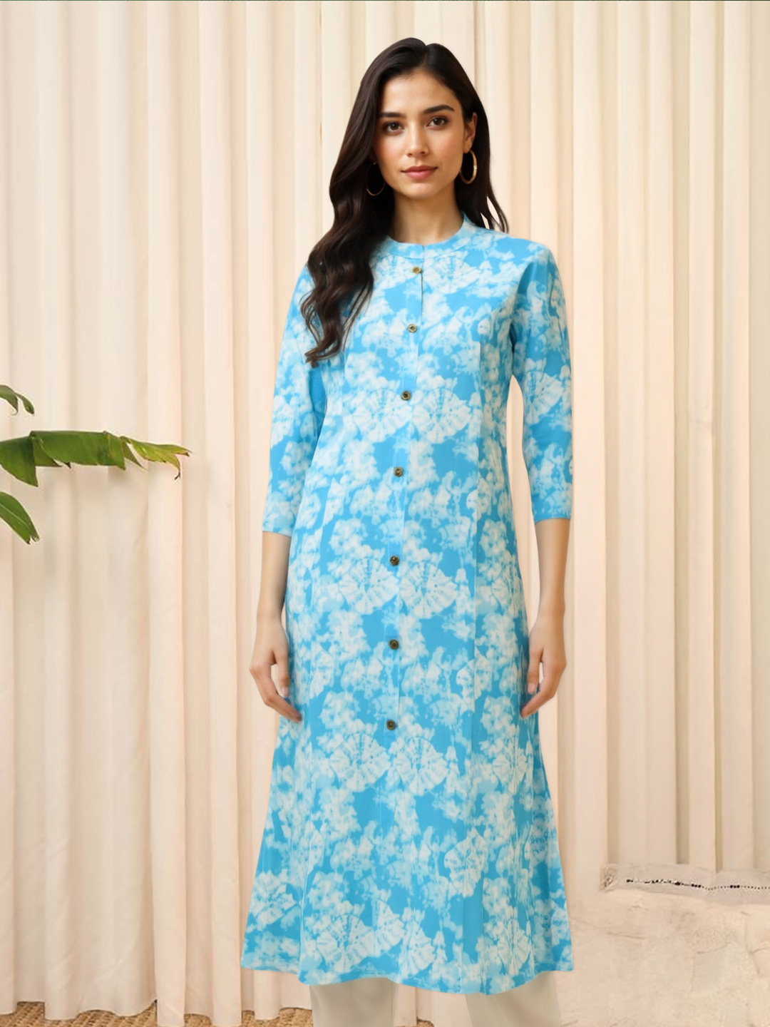 Picture of Abstract Tie-Dye Printed High Round Neck Straight-Cut kurta